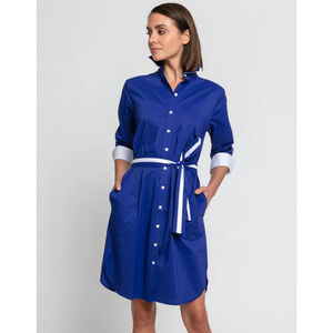 HINSON WU KATHLEEN 3/4 SLEEVE STRETCH POLISH COTTON DRESS MARINE BLUE SIZE LARGE